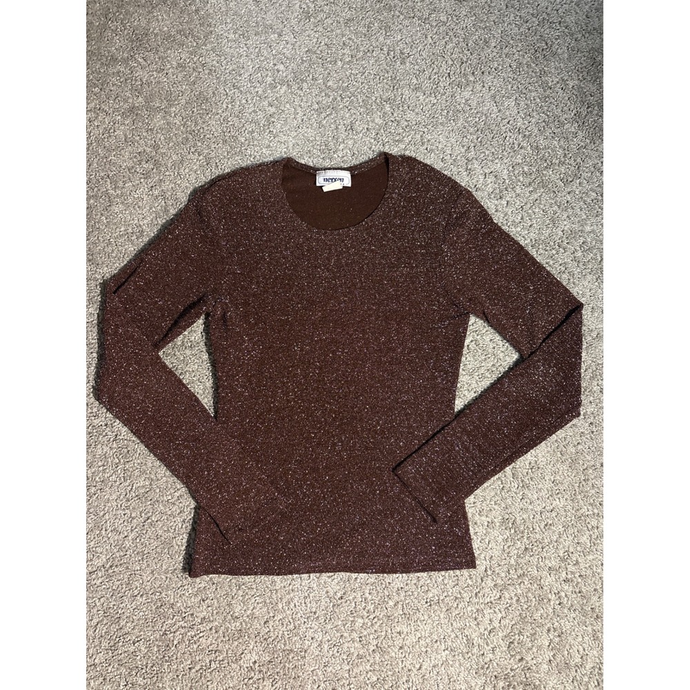 Vintage Nexxen USA Womens Brown Metallic Shimmer Long Sleeve Crew Neck Top